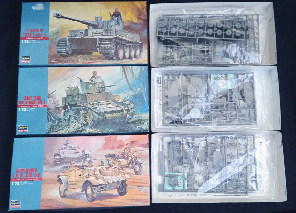 3x Hasegawa 1/72  Tiger I + M3 Stuart + Kubelwagen w Side Car - Image 1 of 1