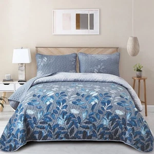 WONGS BEDDING Blue Quilt Set Queen Size3 Pieces Navy Blue Floral Bedspread Cover - Picture 1 of 6