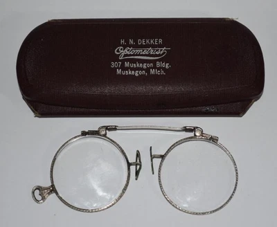 Vtg. Pince-Nez Eyeglasses w Glasses Case - H.N. Dekker, Muskegon, MI Optometrist - Image 1 of 4