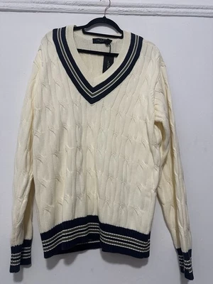 Rag & Bone Men's Cotton Windsor Cable-Knit Cricket Vee Sweater Ivory Sz XL - Image 1 of 4