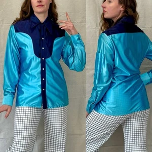 Vintage 70s Disco Shiny Satin Blue Navy Button Shirt by Gallery LTD California L - Picture 1 of 12