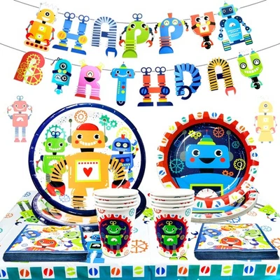 LaVenty Robot Fiesta de Cumpleaños Pack - Juego de 34 Piezas Incluye Banner, Platos, Na... Foto 1 de 4