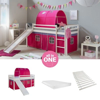 Hochbett 90x200 Kinderbett mit Matratze Rutsche Pink Tunnel Weiß Homestyle4u - Bild 1 von 4