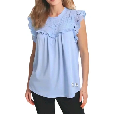 LC LAUREN CONRAD Mixed Media Eyelet Lace Flutter Stretch Knit Top Blue sz XL/XXL - Image 1 of 4