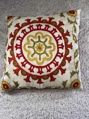 Pier Pillows Embroidered Mandala Red Gold Green 17” X 17” - Image 1 of 4