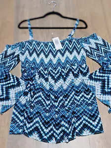 Torrid Top Womens 0X Blue Chevron Print Long Cold Shoulder Sleeve Casual NWT - Picture 1 of 9