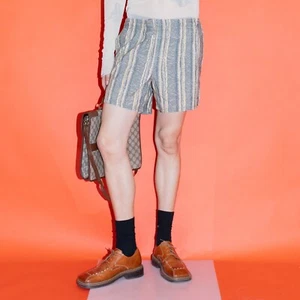 Vintage Y2K chill striped bamboo swim beach shorts in grey & beige - Picture 1 of 6