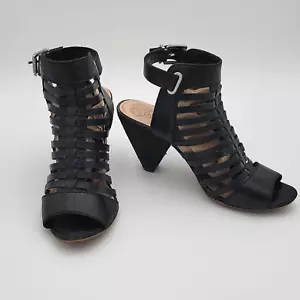 Black Strappy Gladiator Heels Sz10M Ellrita Peep Toe Leather 3in Vince Camuto - Picture 1 of 15
