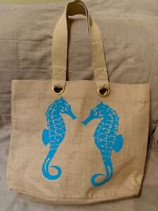 NWOT Jute Tote Bag with Printed Seahorses Perfect for Beach, Travel or Shopping