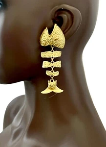 Orecchini lunghi 3,5" vibranti metallo dorato osso di pesce Dubai stile africano dichiarazione - Foto 1 di 3