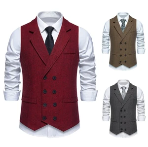 Herringbone Retro Men's Suits Vest Formal Business Double-Breasted Wedding Groom - Picture 1 of 8