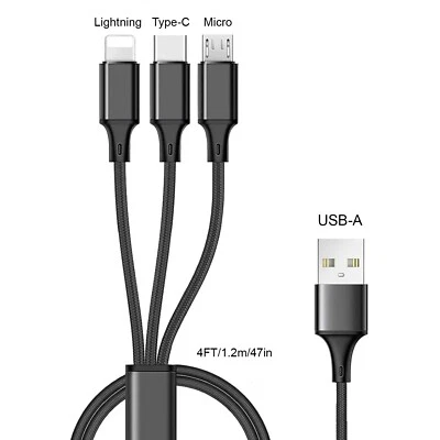 For iPhone/Samsung Type C Micro USB 3in 1 Fast Charging Cable Charger Cord Black - Image 1 of 4