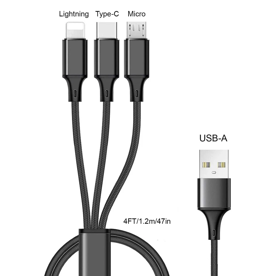 For iPhone/Samsung Type C Micro USB 3in 1 Fast Charging Cable Charger Cord Black - Image 1 of 4