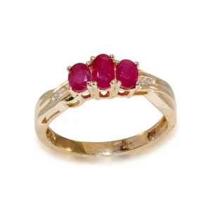 Genuine Ruby & Diamond Three Stones 14k Yellow Gold Engagement Ring  - Picture 1 of 3