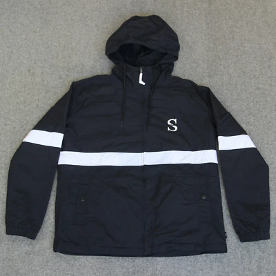 Stussy Sport Nylon Jacket Mens S Black White Stripe Hooded Windbreaker - Image 1 of 4
