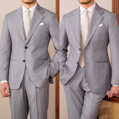Traje de hombre gris a rayas chaqueta de un solo pecho muesca solapa fiesta negocios elegante Foto 1 de 4