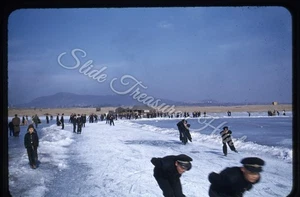 Korea Han River Boys Men Skating Ice 35mm Slide 1950s Red Border Kodachrome - Picture 1 of 3