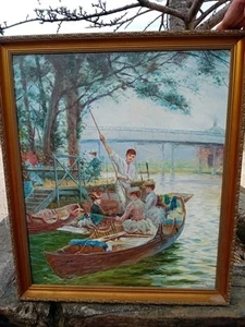 Gemälde viktorianischer Damen auf einer Freizeitfahrt auf dem Fluss - Bild 1 von 11