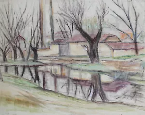 Dibujo pastel original vintage paisaje fluvial - Imagen 1 de 11