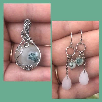 Collar colgante de ágata árbol envuelto en alambre con pendientes conjunto de joyas hecho a mano ÚNICO EN SU CLASE Foto 1 de 3