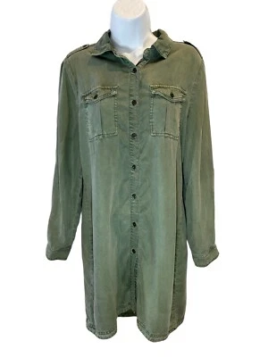 KENNETH COLE Epaulet Shirt Dress Size MEDIUM Army Green Tunic 100% Tencel Roll * - Image 1 of 4