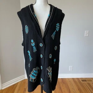 Victoria Jones Women's 1X vintage southwest beaded vest native turquoise black - Picture 1 of 16