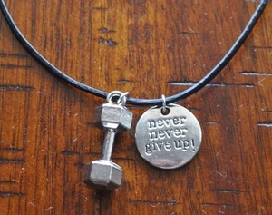 Never Give Up & Dumbbell Pendant Charm Gym Bodybuilding Muscle Workout Necklace - Picture 1 of 3