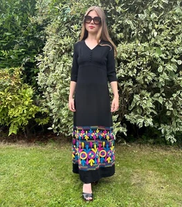 70's Vintage Black Pink Blue Crepe Retro Embroidery Short Sleeve Maxi Dress - Picture 1 of 7