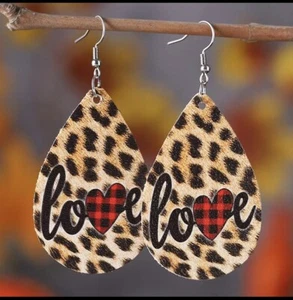 Ladies Leopard Print LOVE Teardrop Shaped Earrings - Picture 1 of 1