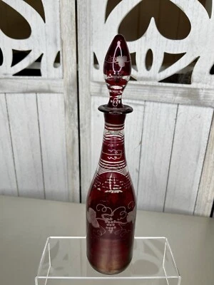 Antique Egermann Bohemian Czech Ruby to Clear Glass Decanter Grapes Vines - Image 1 of 4