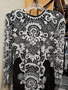 Vintage 80s Glam Beaded Silk Dress Stunning Black and White Gala Ready Cache M - Picture 1 of 4