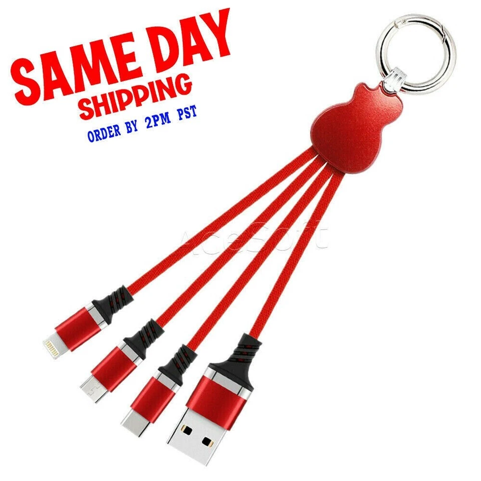 Fast Charging Portable 3in1 Micro USB-C 8Pin Key Ring Cable for Samsung LG Phone - Image 1 of 4