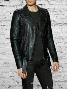Men's Black Crocodile Embossed Leather Jacket Pure Lambskin - Picture 1 of 8