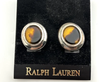 Vintage Ralph Lauren Tortoise Shell Silver Tone Oval Clip On Earrings Fall - Image 1 of 4