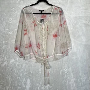 Small Express women's sheer top white pink butterflies button & tie 3/4 sleeve - Picture 1 of 13