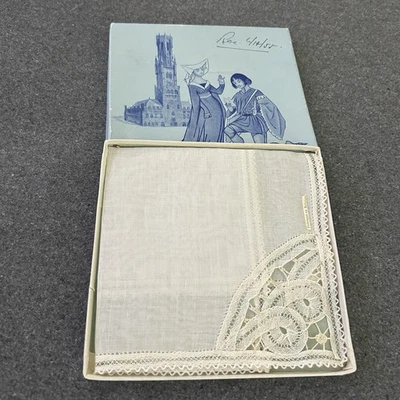 Pañuelo blanco de lino de encaje belga vintage sin usar en caja original 1945 Foto 1 de 4