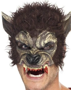 Halloween Fancy Dress Adult Werewolf Mask Half Face Brown Wolf Face Mask Smiffys - Picture 1 of 8