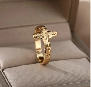 Men/Women Cross Ring Jesus Christian Cross Etched Stainless Steel Metal golden P - Picture 1 of 4
