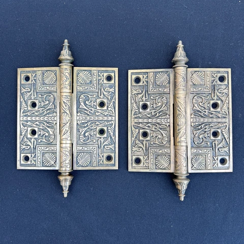 Antique Cast Bronze Door Hinges Steeple Tip Ornate 4.5x4.5 Set of 2 Cover