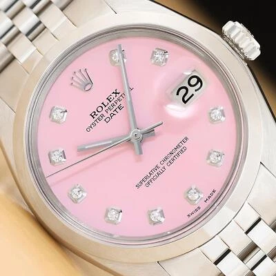ROLEX OYSTER PERPETUAL DATE 34MM 1500 PINK DIAMOND DIAL STAINLESS STEEL WATCH - Image 1 of 4