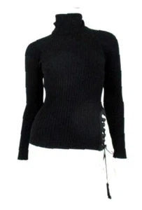 JEAN PAUL GAULTIER VINTAGE RIBBED VIRGIN WOOL LEATHER LACE-UP TURTLENECK SZ.XS - Picture 1 of 5