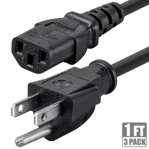 3x 1FT Power Cable Cord NEMA 5-15P Male to IEC 320 C13 Female 3-Prong 14 Gauge - Picture 1 of 7