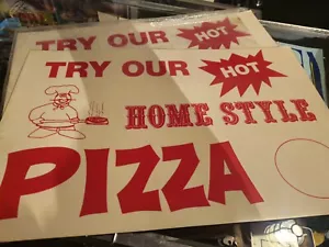 1 Vintage Schild TRY OUR HOT HOME STYLE PIZZA nos LICHT PAPPE WERBESCHILD - Bild 1 von 2