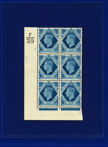 1939 SG474 10d Turquoise-Blue Ctrl F39 Cyl.1 no dot Perf 2(I/E) MNH Cat £90 pfnm Cover