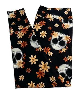 LuLaRoe Leggings TC2 Tall Curvy 2 HALLOWEEN Rare BLACK ORANGE Grave SKULL Flower - Image 1 of 4