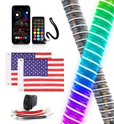 2X 1-4FT ATV UTV COB LED Fat Whip Lights RGB Spiral Chasing App & Remote Control - Image 1 of 4