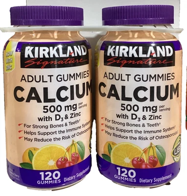 (2) Kirkland Signature Calcio 500 mg con D3 y Zinc 120 gomitas Naranja Cereza Foto 1 de 2