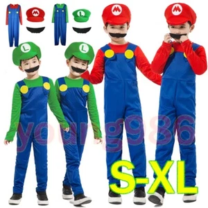 Halloween Kids Boys Super Mario and Luigi Fancy Dress Plumber Bros  Costume - - Picture 1 of 6