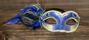 Masquerade Ball Party Mask Marti Gras Women Blue Peacock Feather Mask - Picture 1 of 7