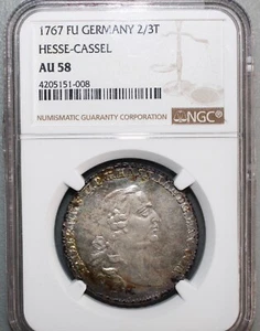 1767 FU Germany Silver 2/3 Thaler Coin Hesse-Cassel Certified by NGC as AU58 - Picture 1 of 5